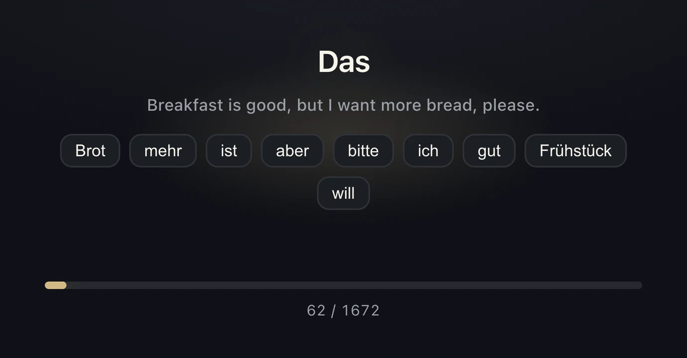 Assemble mode: the words of a sentence shown as shuffled chips under the English translation