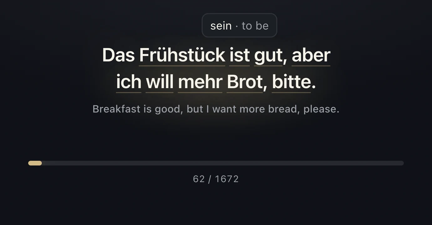 The Vocabularify desktop card showing the German sentence Das Frühstück ist gut, aber ich will mehr Brot, bitte, with its English translation and a hovered word explained as sein, to be
