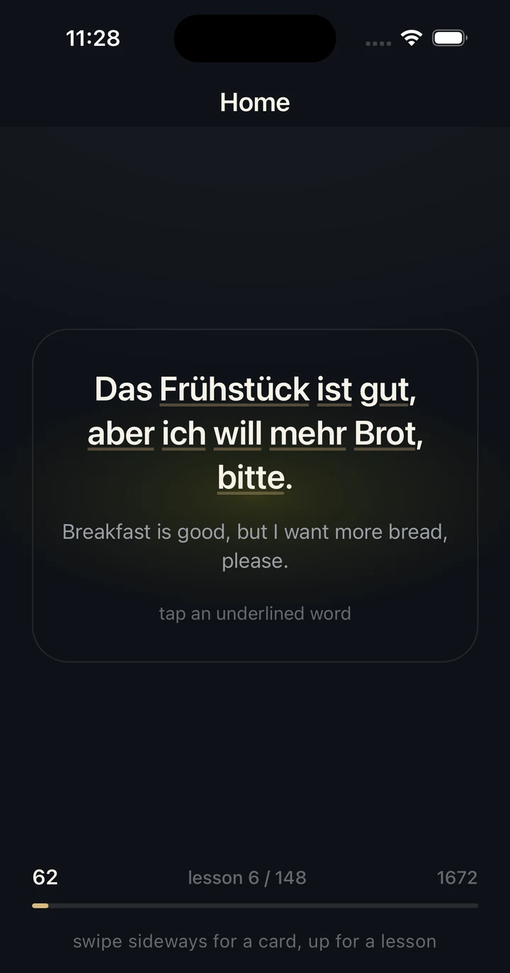 The same sentence on the Vocabularify iPhone app, lesson 6 of 148