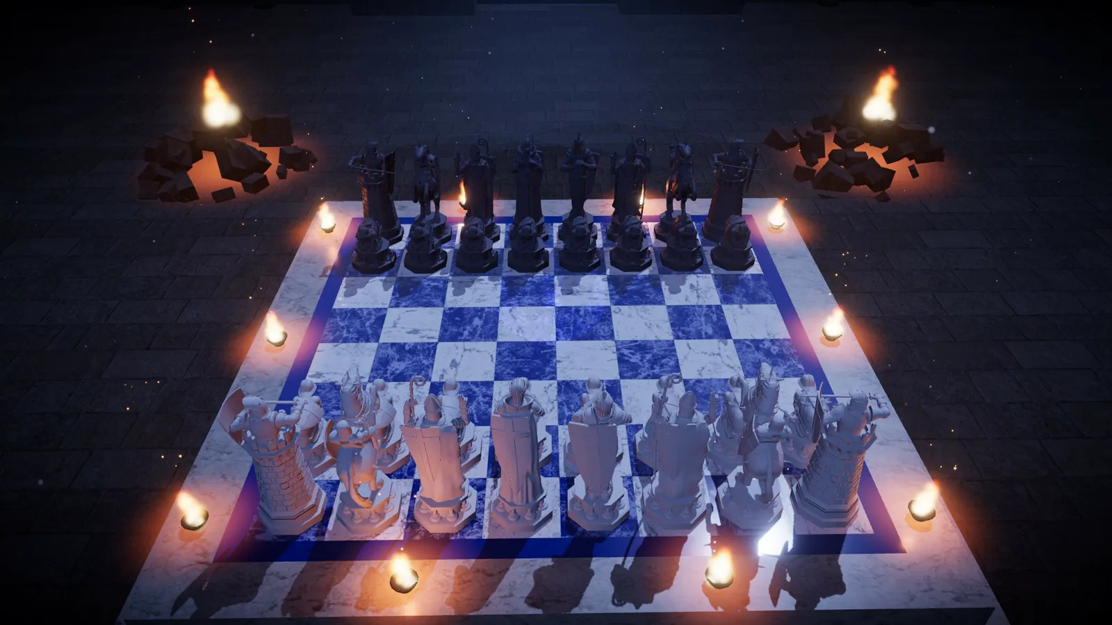 The Wizard Chess board in a torch-lit stone hall, white and black pieces on a blue marble board, rubble piles glowing beside it